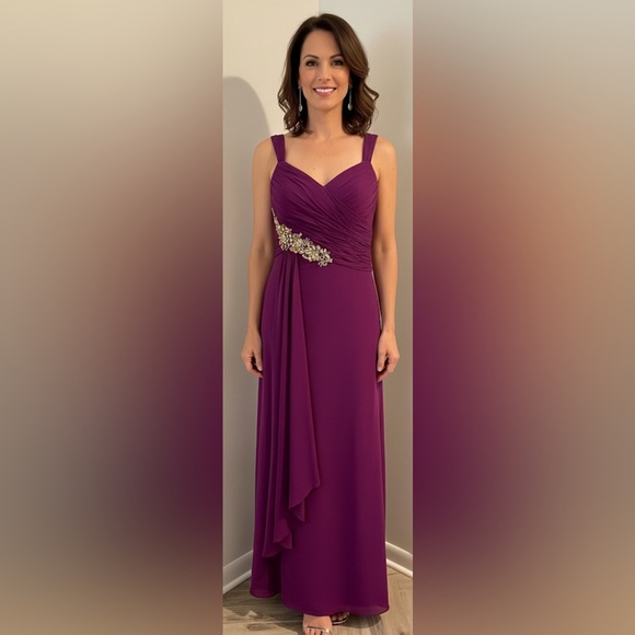 MARCHESA NOTTE Purple Silk Gold Sequin Ruched Long Evening Dress Ret $1095 Sz 16 - Picture 1 of 13